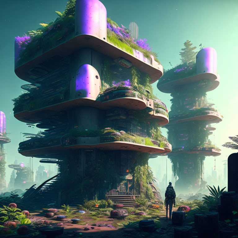 Futuristic overgrown buildings with purple accents in post-apocalyptic landscape