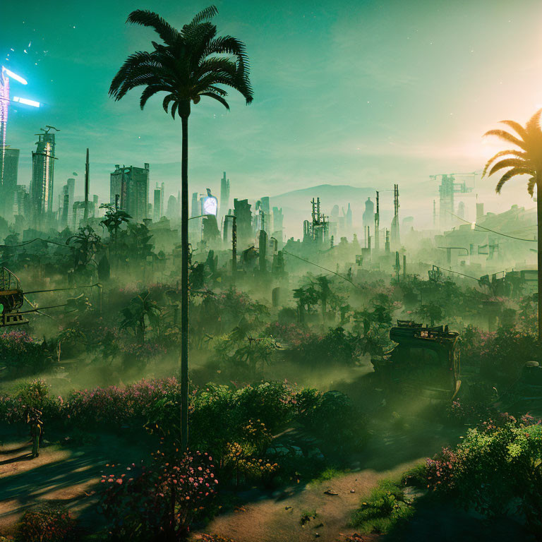 Futuristic cityscape with overgrown nature at dawn