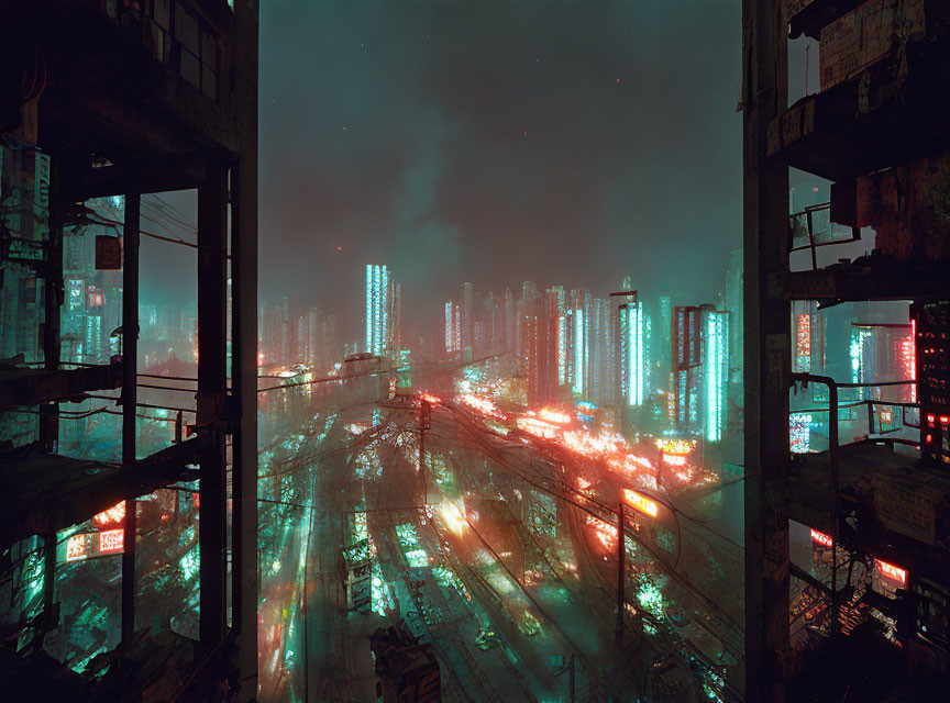 Futuristic cityscape at night with high-rise buildings and old architecture under starry sky