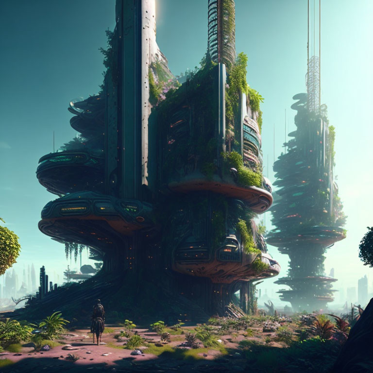 Futuristic tree-like structures in serene sci-fi landscape