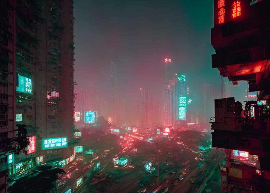 Neon-lit urban nightscape with high-rise buildings and dense fog.