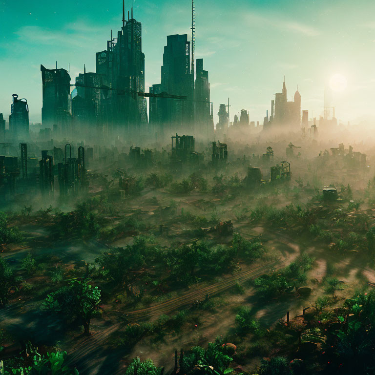 Futuristic cityscape at dawn with advanced skyscrapers and lush, overgrown terrain under a