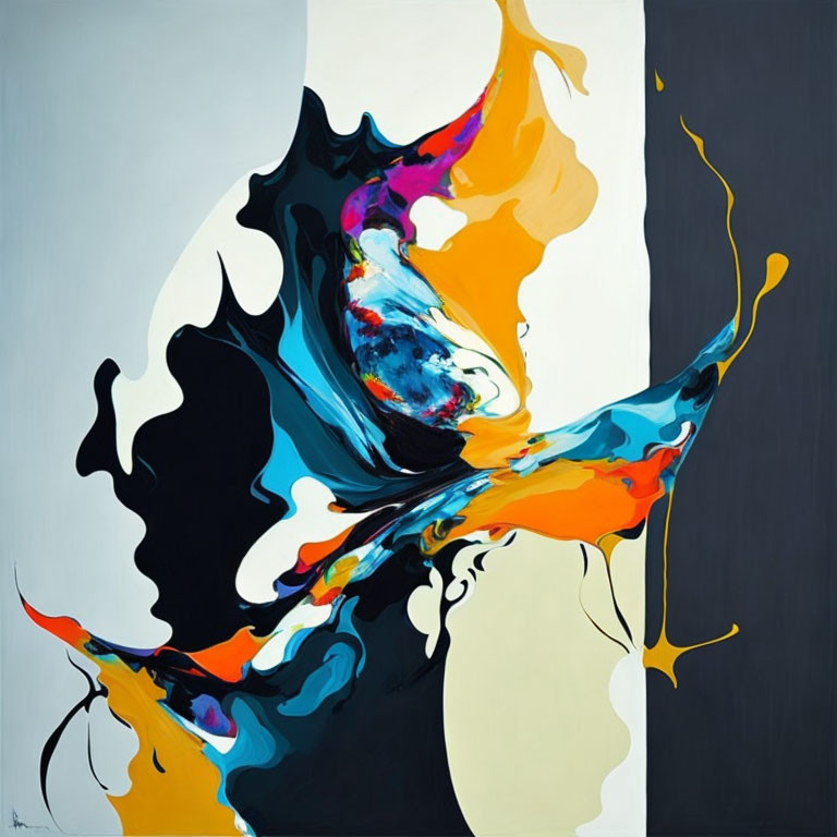 Colorful Abstract Painting with Black, Blue, Yellow, and Orange Swirls on Grey and Cream