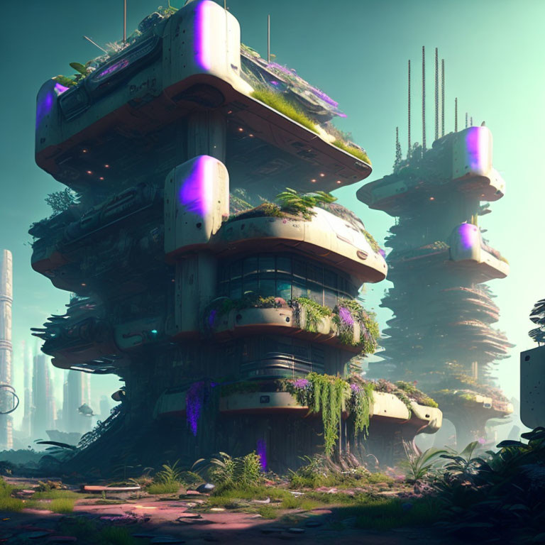 Overgrown futuristic buildings with lush greenery and purple lighting in misty setting