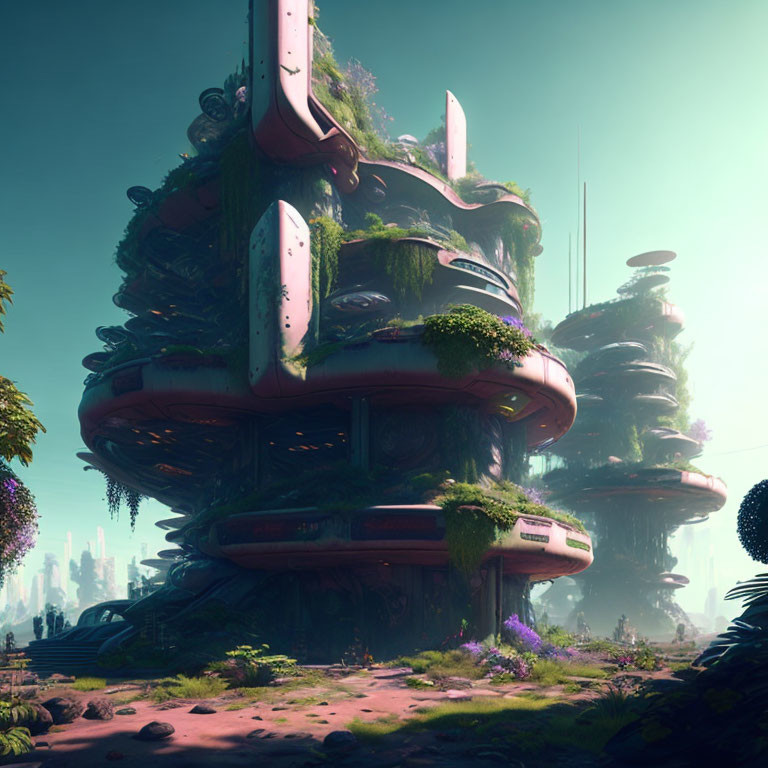 Organic-shaped futuristic buildings surrounded by lush greenery and tall trees under a hazy sky.