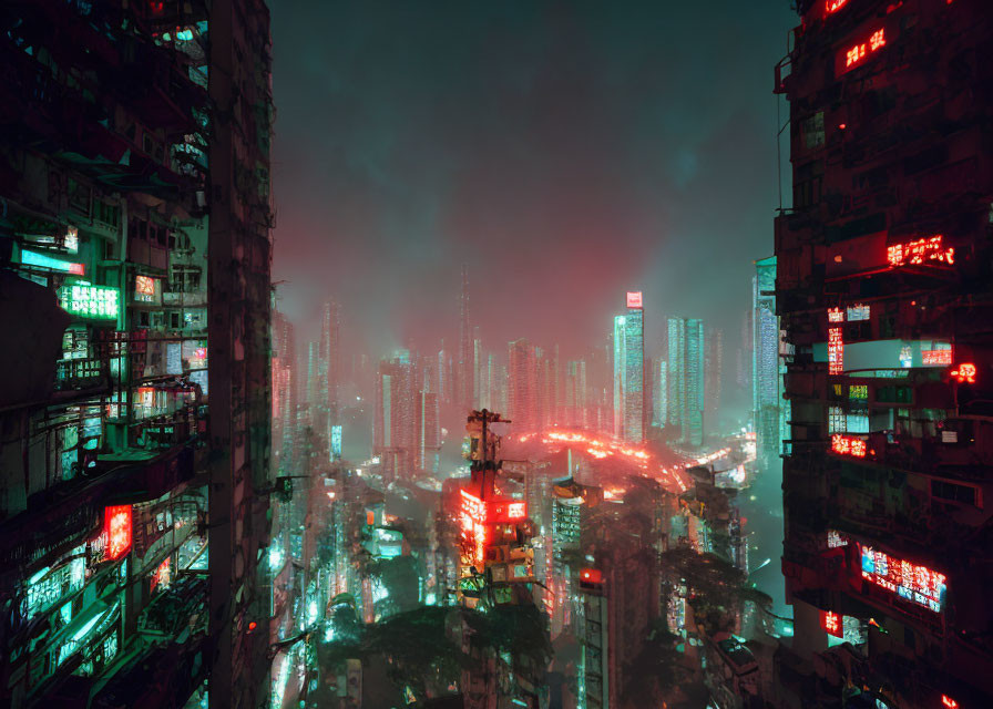 Neon-lit urban night scene with high-rise buildings in cyberpunk red glow