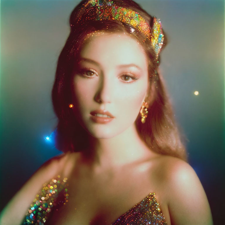 Woman with Glittery Makeup and Accessories on Multicolored Backdrop