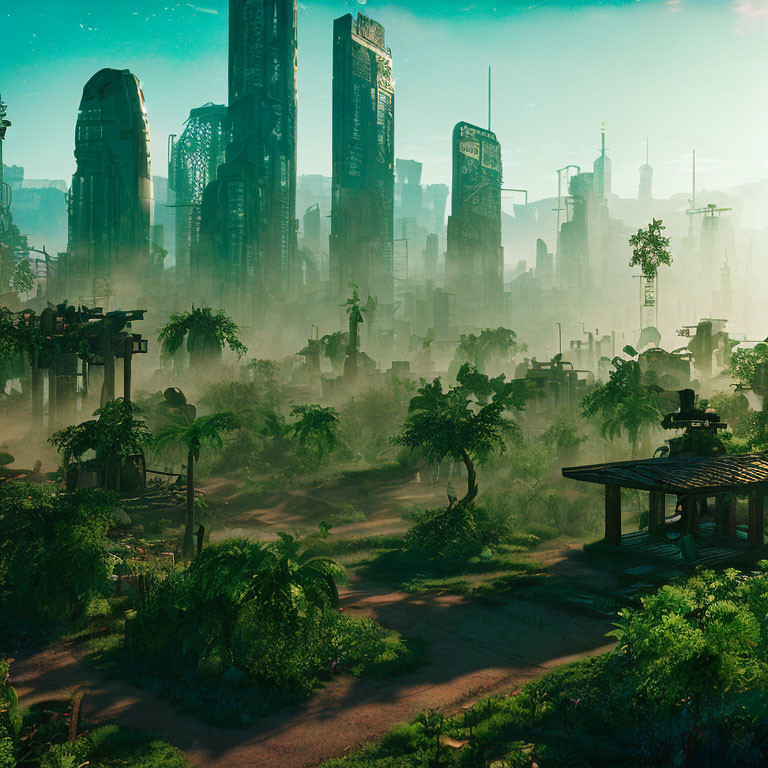 Futuristic cityscape blending with misty jungle and traditional gazebo