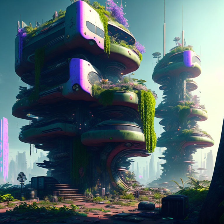Overgrown high-rise buildings in futuristic cityscape.