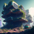 Layered cake-like futuristic building with greenery on trunk, under serene sky.