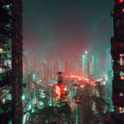 Neon-lit urban nightscape with high-rise buildings and dense fog.