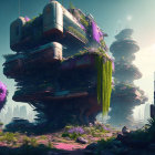Futuristic towers with lush foliage in misty landscape