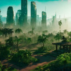 Futuristic cityscape with overgrown nature at dawn