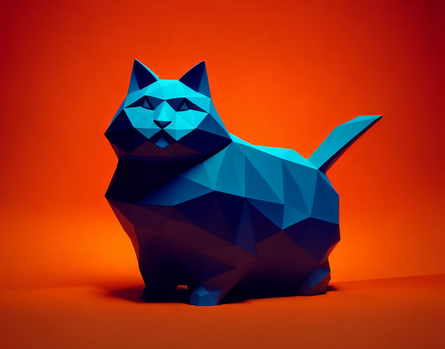 Blue Low-Poly Cat Model on Orange Background
