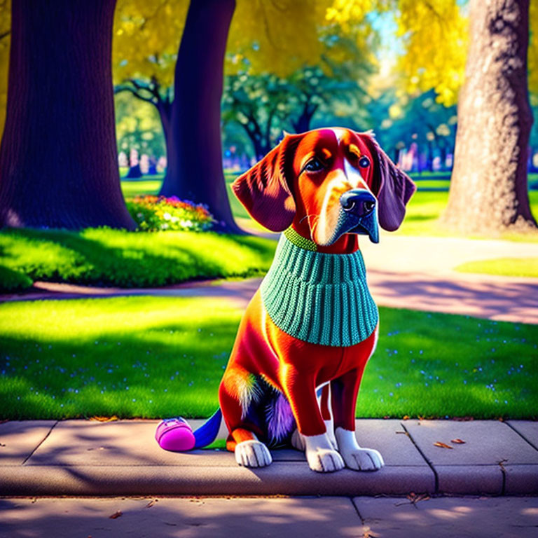 Brown and White Dog in Teal Sweater Sitting in Sunny Park