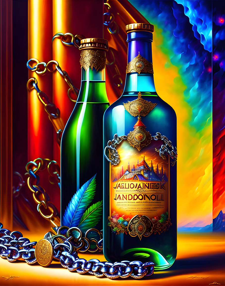 Ornate Blue and Green Bottles with Intricate Labels on Vibrant Background