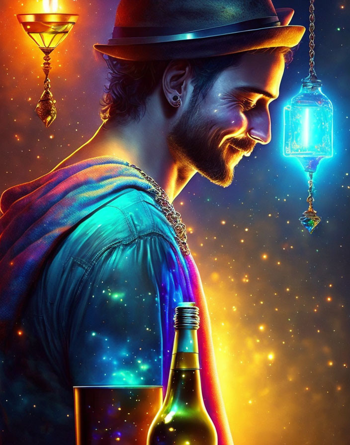 Man in hat with cosmic-themed illustration holding glowing green bottle under starry sky