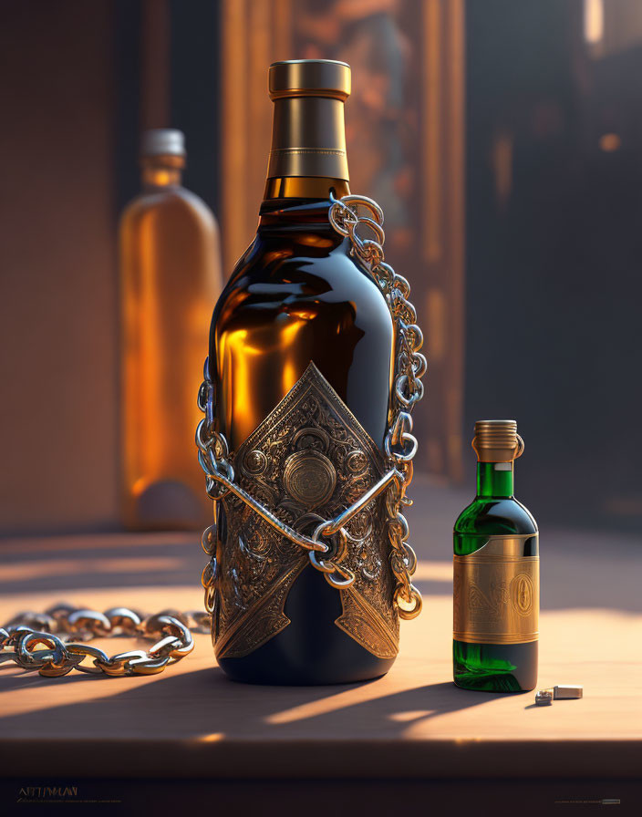 Decorated bottle with silver chain, green bottle, and key in warm light