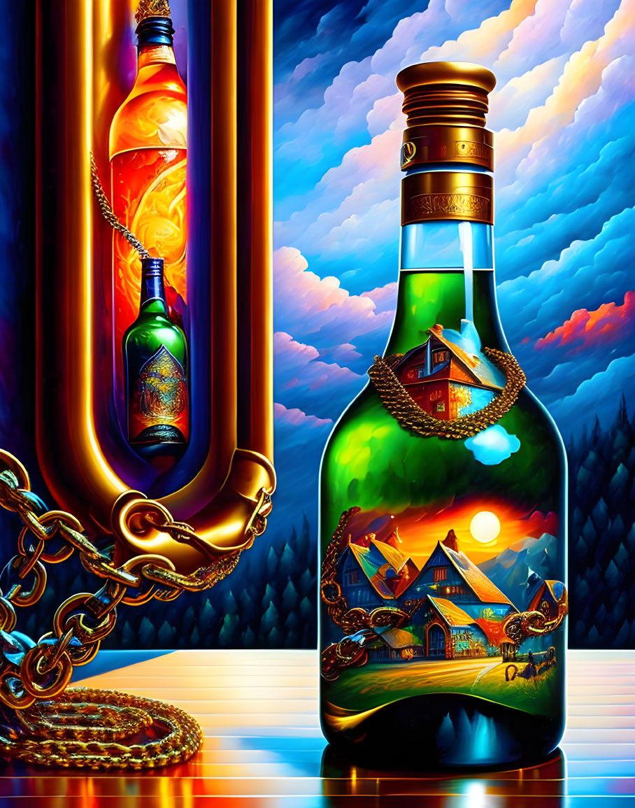 Surreal artwork of illuminated scenes in bottles against dramatic sky