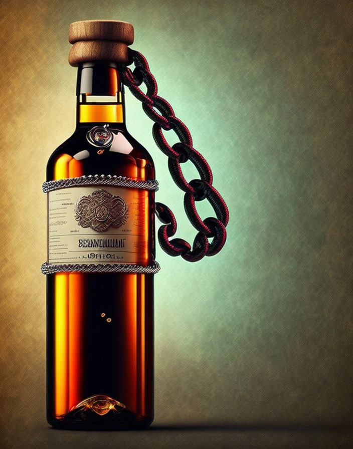 Dark Amber Liquid Bottle with Decorative Chain on Textured Golden Background