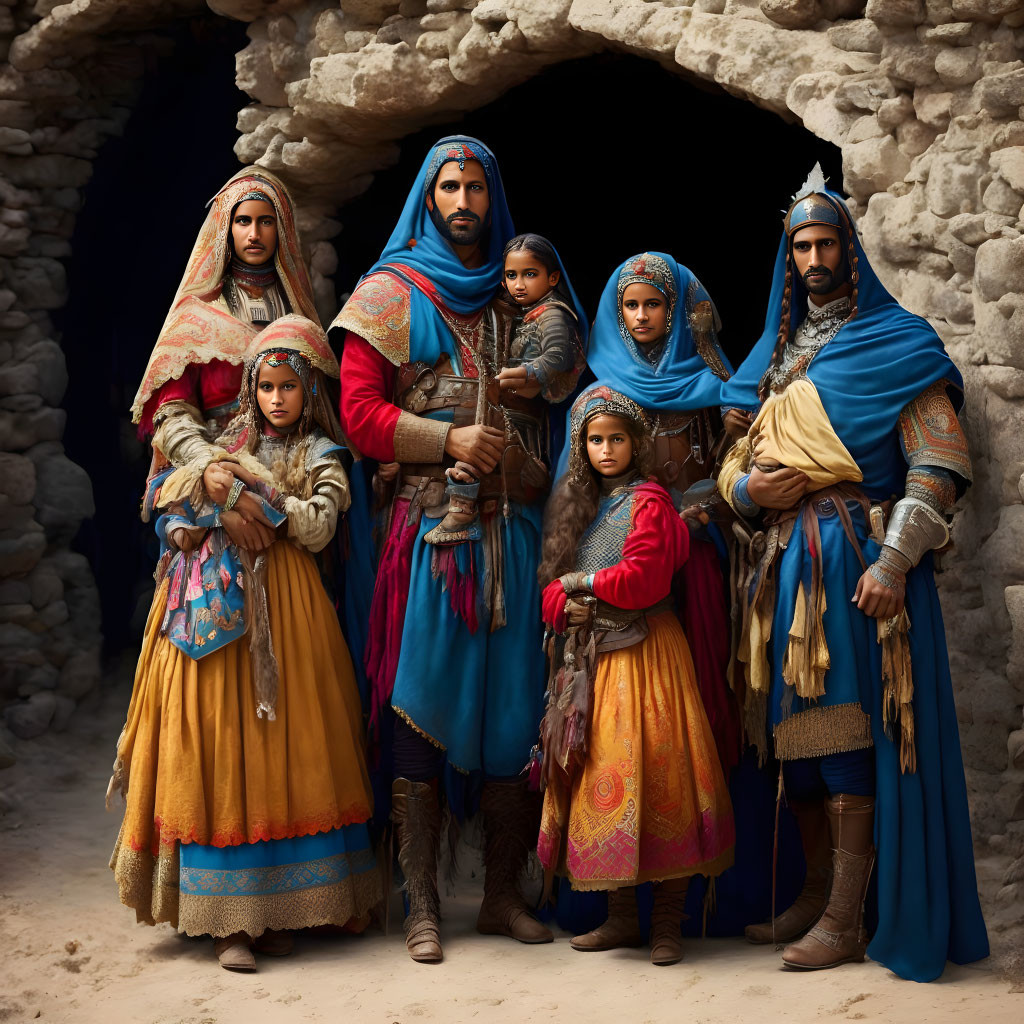 Group in Vibrant Middle Eastern Attire Against Rocky Background