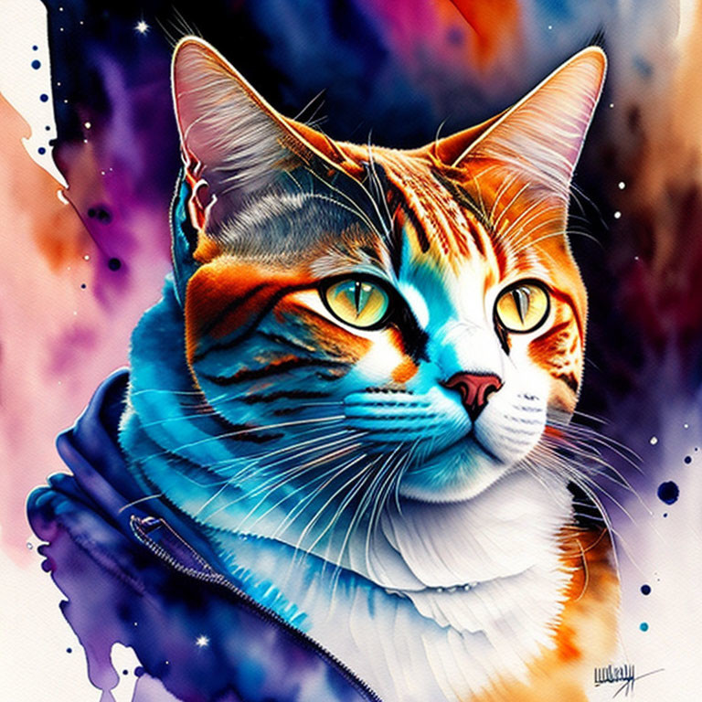 Colorful Digital Artwork: Cat with Green Eyes in Hoodie on Galaxy Background