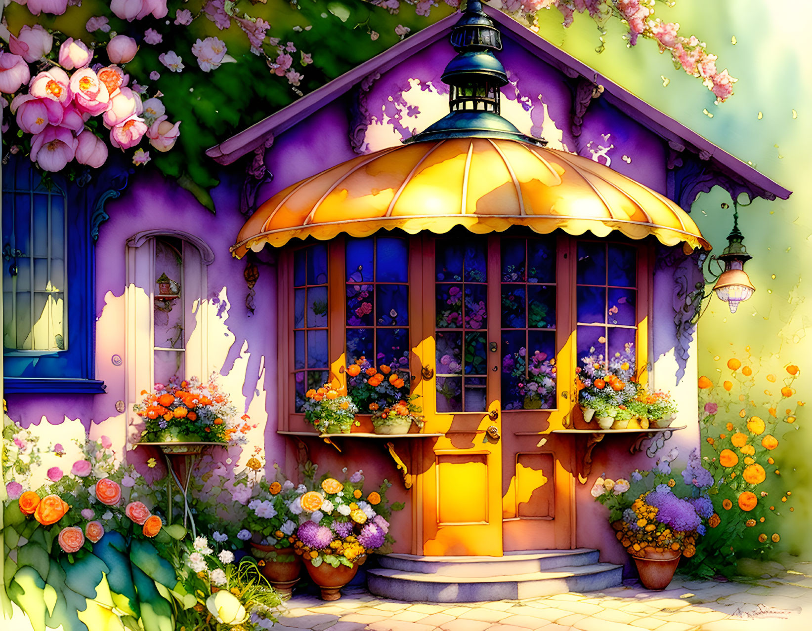 Colorful watercolor painting of a quaint tea room 