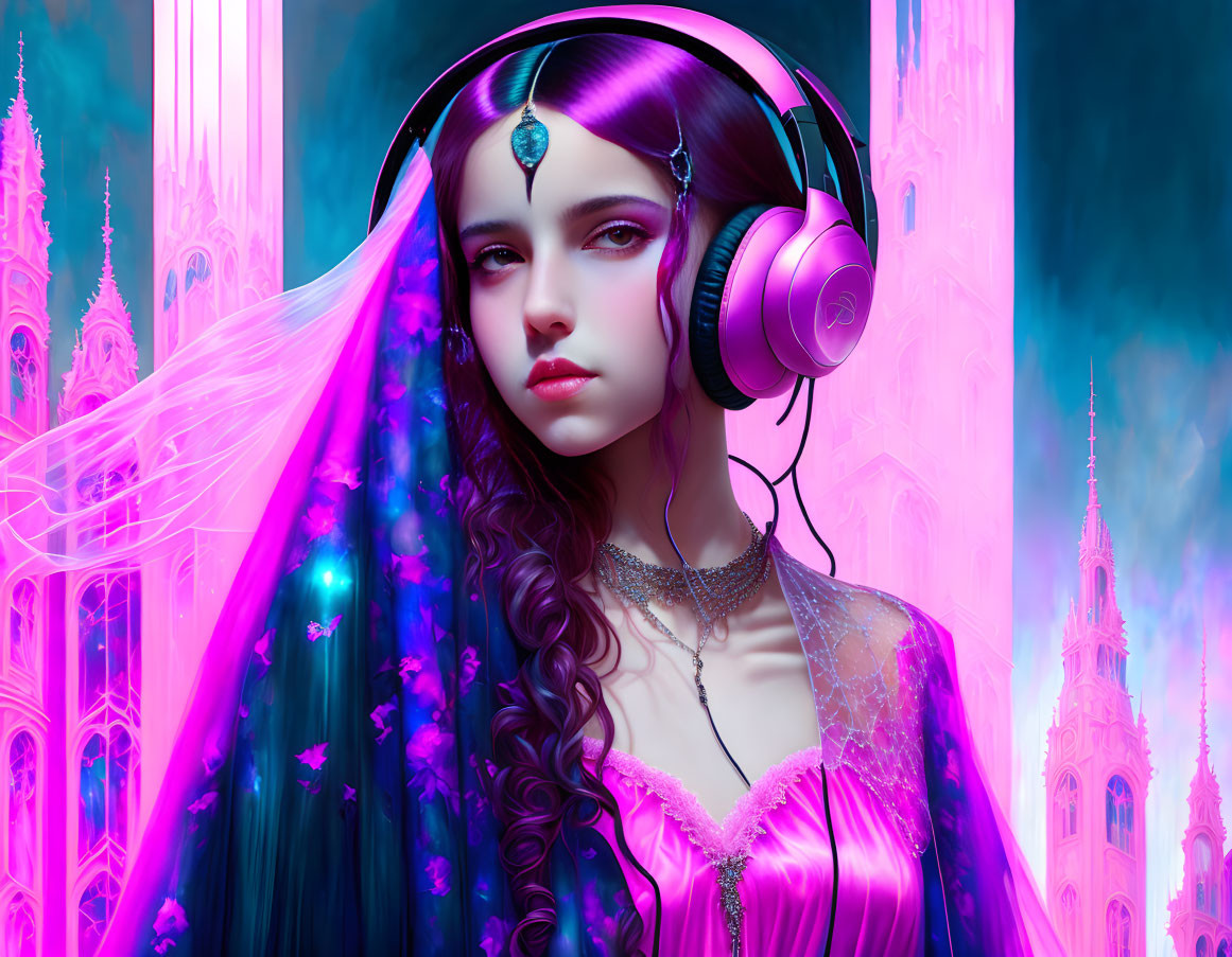 Digital art of woman with headphones and gem forehead piece in futuristic setting