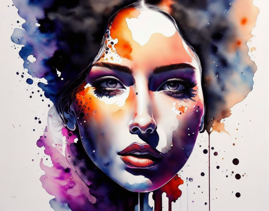 Abstract Watercolor Painting of Woman's Face with Colorful Splashes