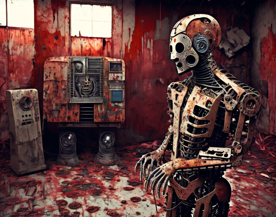 Disturbing flesh and machine man in a rusty room