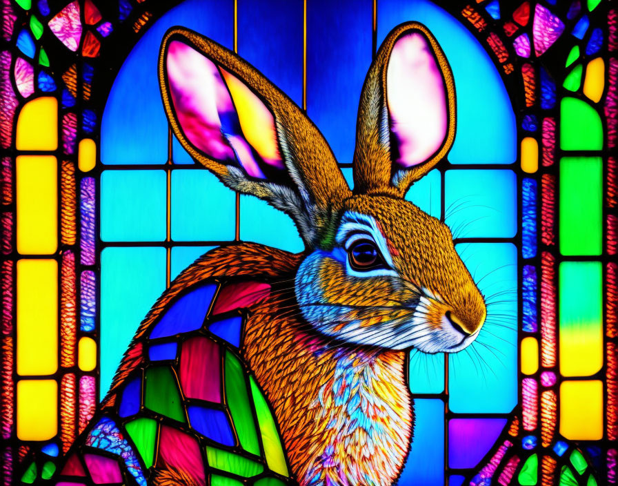 Colorful Rabbit Artwork in Stained Glass Style on Blue Background