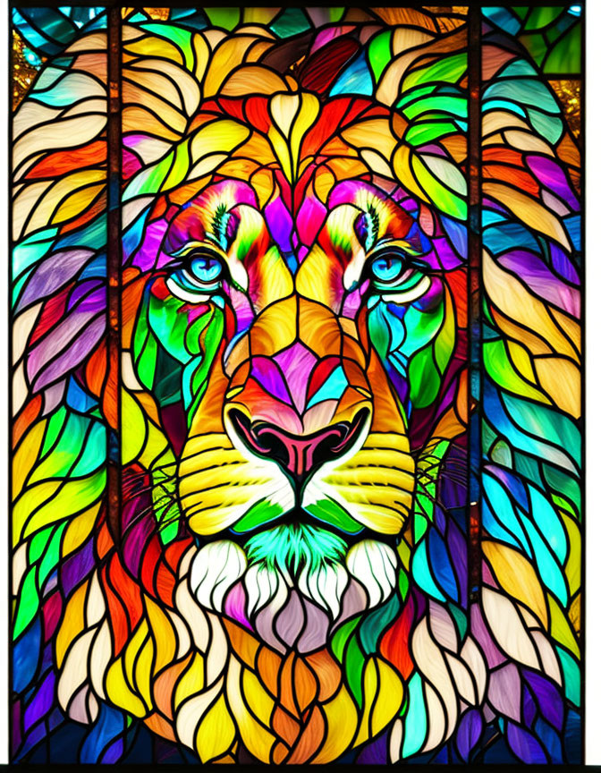 Colorful Lion Stained Glass Artwork on Dark Background