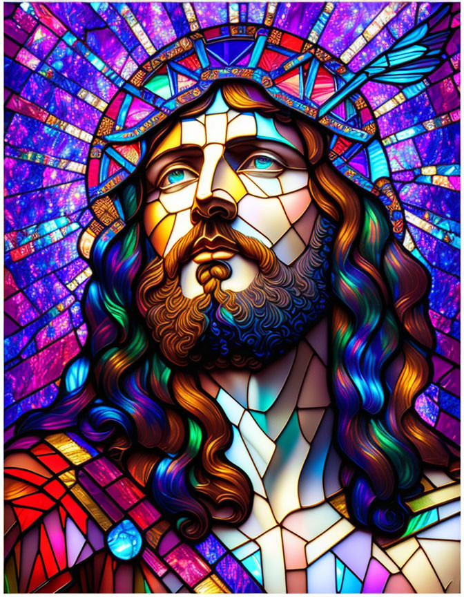 Colorful Stained Glass Art of Bearded Figure with Halo