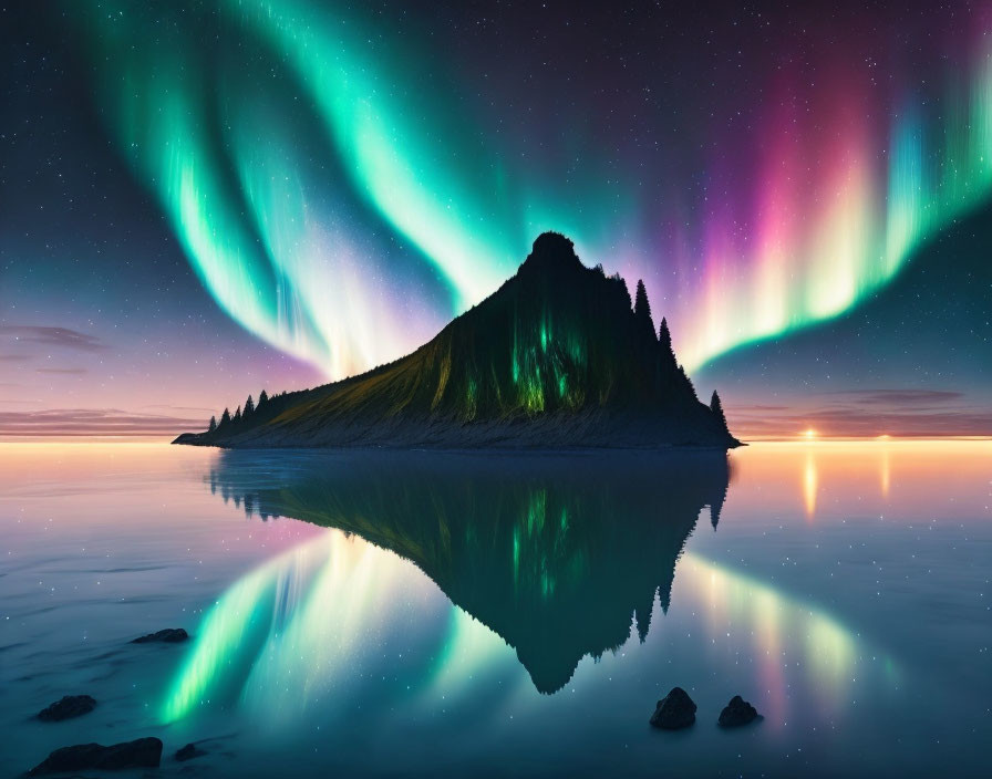 Colorful aurora borealis over tranquil island in twilight sky