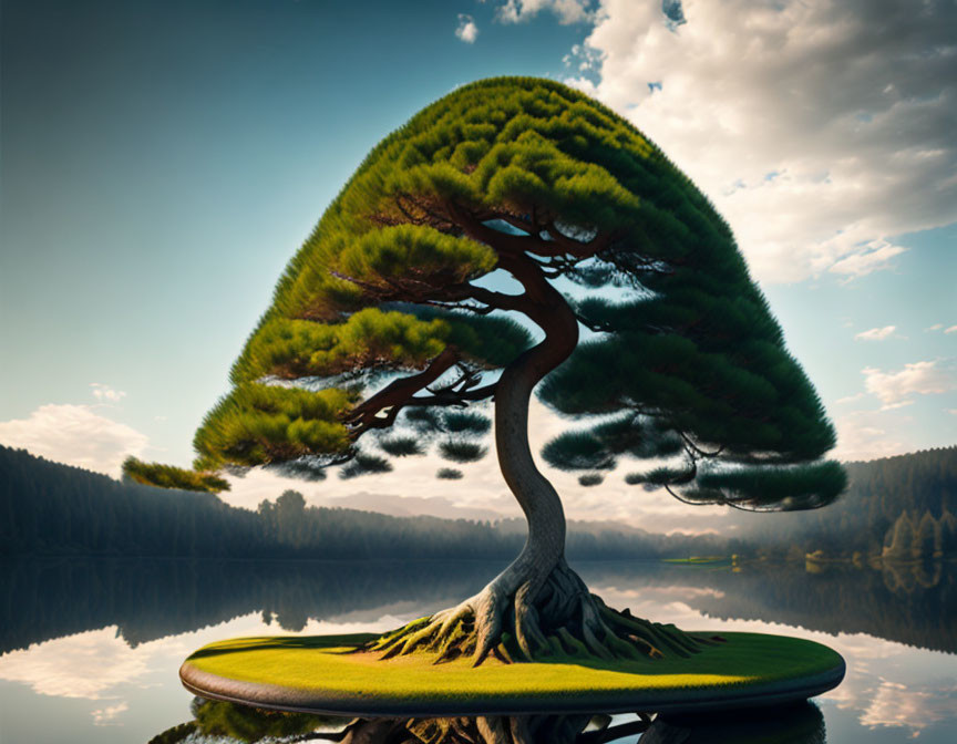 Lush canopy bonsai tree on mound reflected in calm lake waters