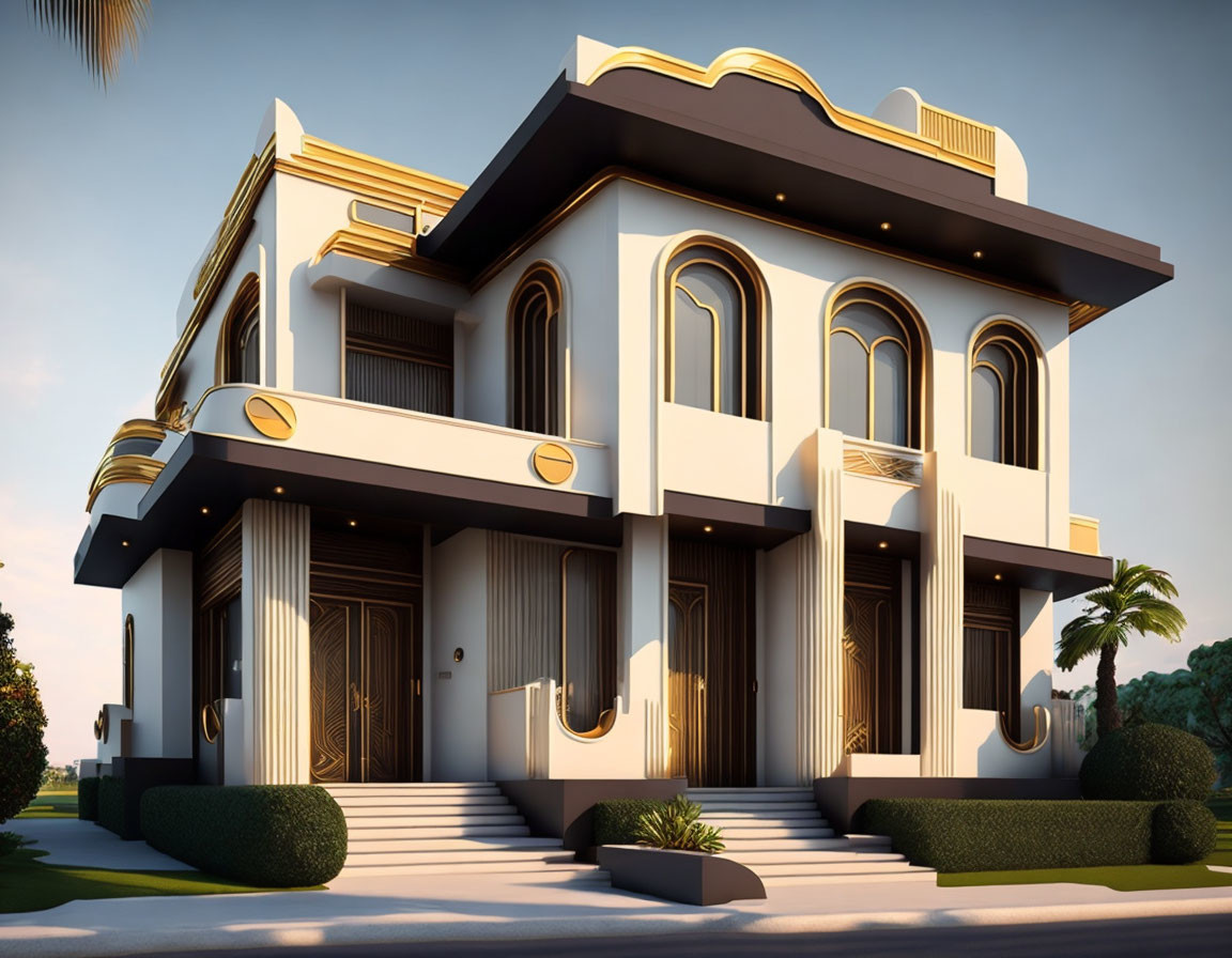 Modern two-story house with ornate golden accents, arched windows, balcony, and palm trees at