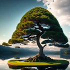 Lush canopy bonsai tree on mound reflected in calm lake waters