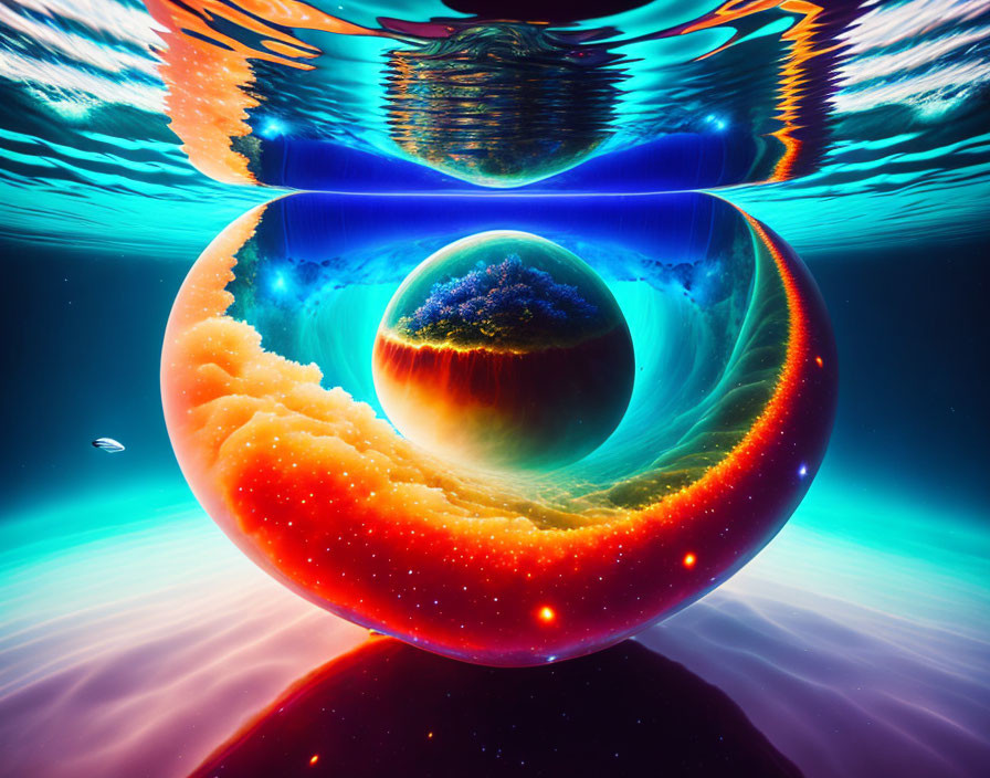 Vibrant digital artwork of surreal cosmic scene with reflective torus, lush planet, colorful nebul