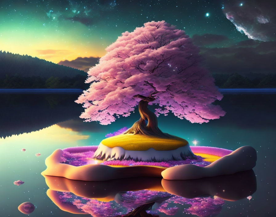 Surreal cherry blossom tree on woman-shaped island under starry sky with comet reflection