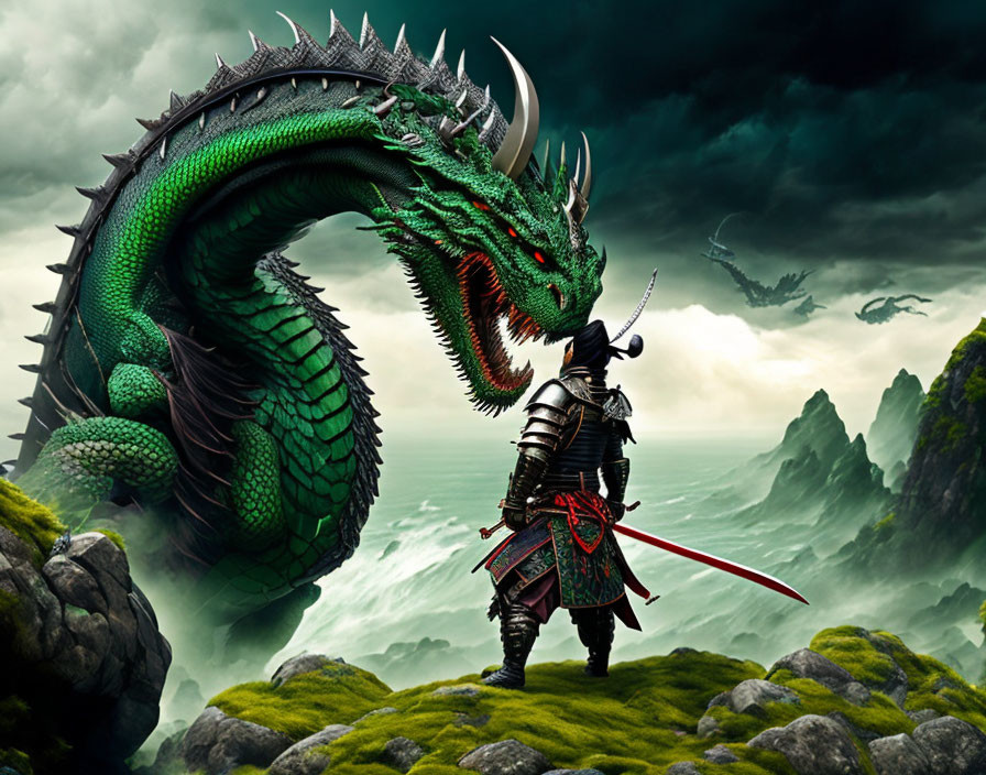 Samurai confronts green dragon in stormy rocky landscape