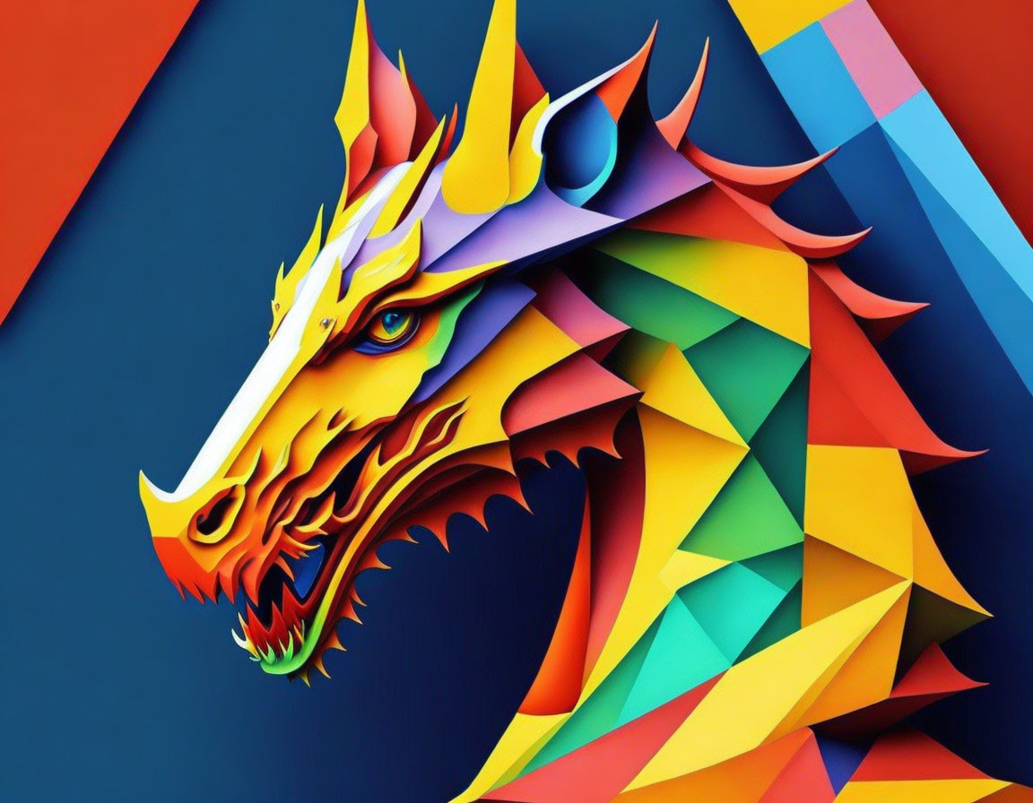 Colorful Geometric Dragon Illustration on Blue and Red Background