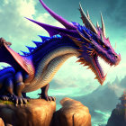 Blue and Purple Dragon on Rocky Cliffs in Fantasy Landscape
