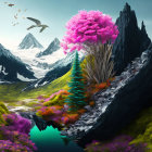 Colorful surreal landscape with floating islands and crystalline structures