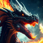 Glowing-eyed dragon breathing fire on dark blue background