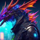 Glowing cybernetic dragon in futuristic cityscape with purple and blue accents