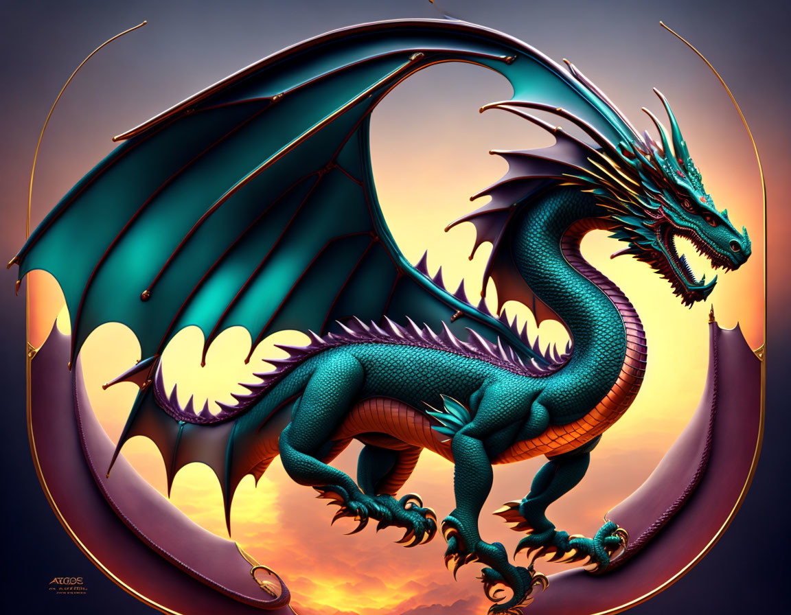 Vibrant green and blue dragon art in warm dusk sky
