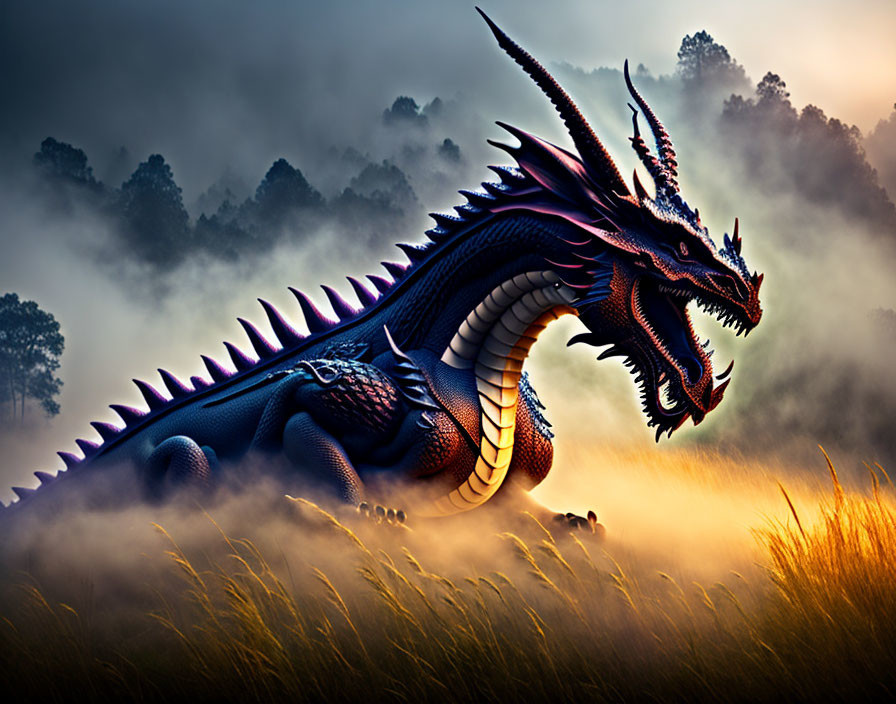 Blue dragon with horns and spikes in golden field with misty forest