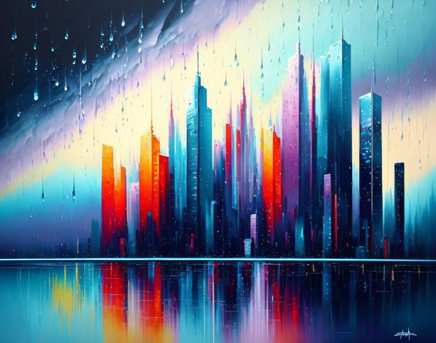 Abstract painting of a rainy city