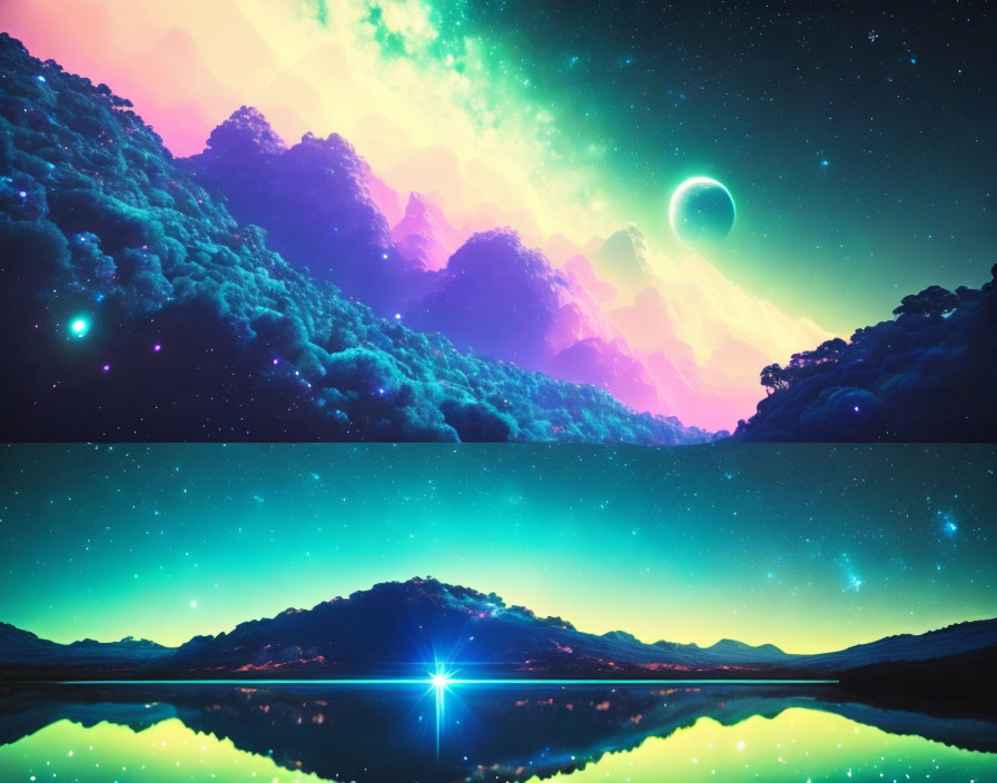 Neon digital landscape: mountains, starry sky, eclipse, reflective lake