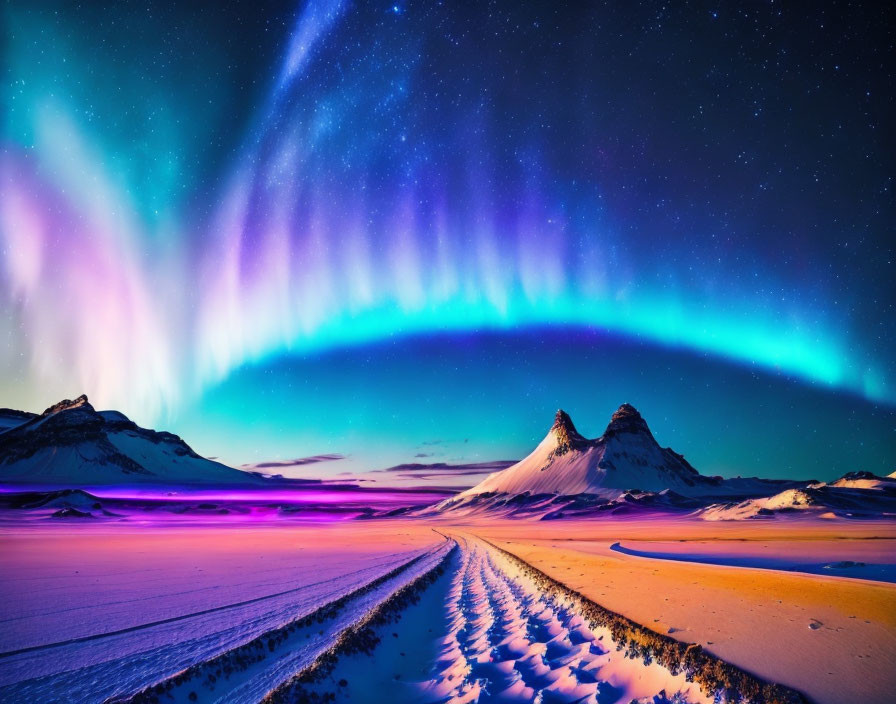 Northern lights in a vast open snowy landscape